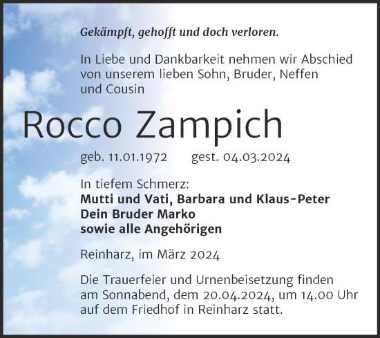 Traueranzeige von Rocco Zampich von Trauerkombi Wittenberg