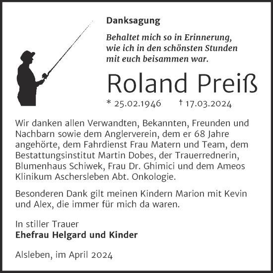 Traueranzeige von Roland  Preiß von Trauerkombi Bernburg
