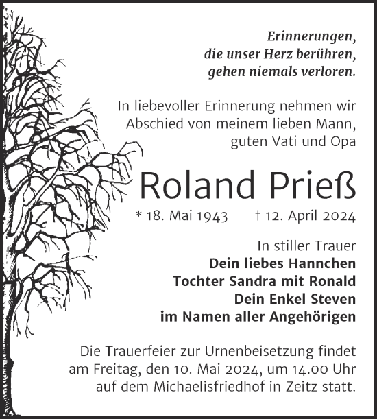 Traueranzeige von Roland Prieß von Trauerkombi Zeitz