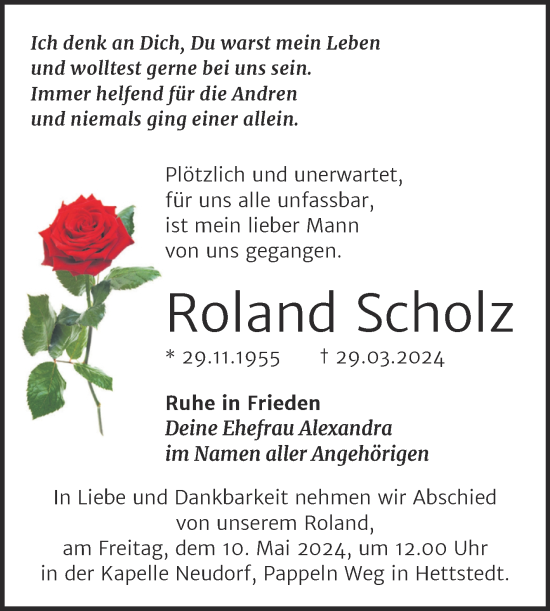 Traueranzeige von Roland Scholz von Trauerkombi Mansfelder Land