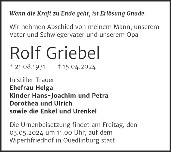 Traueranzeige von Rolf Griebel von Trauerkombi Quedlinburg