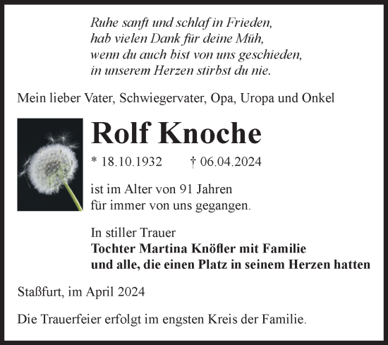 Traueranzeige von Rolf Knoche von Volksstimme Staßfurt