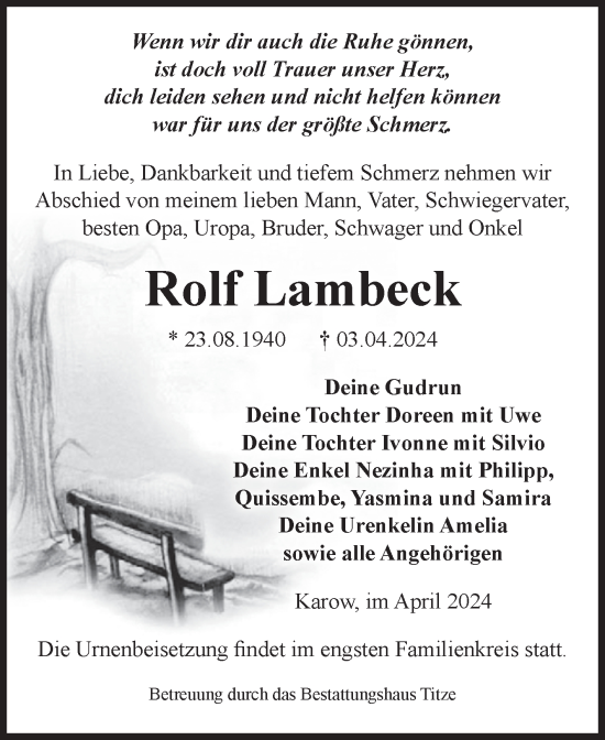 Traueranzeige von Rolf Lambeck von Volksstimme Burg/Genthin