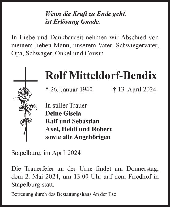 Traueranzeige von Rolf Mitteldorf-Bendix von Volksstimme Wernigerode