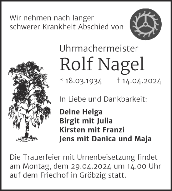 Traueranzeige von Rolf Nagel von Trauerkombi Köthen