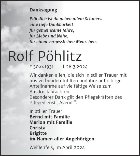 Traueranzeige von Rolf Pöhlitz von Super Sonntag Weißenfels