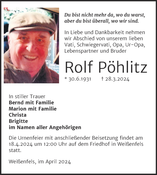 Traueranzeige von Rolf Pöhlitz von Super Sonntag Weißenfels