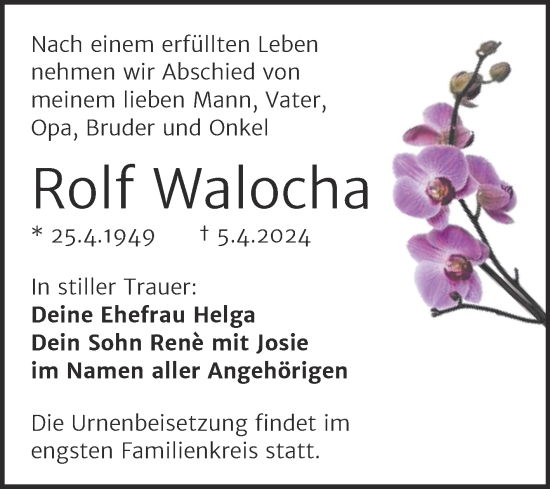 Traueranzeige von Rolf Walocha von Trauerkombi Weißenfels