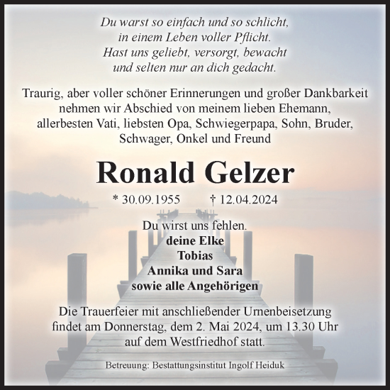 Traueranzeige von Ronald Gelzer von Volksstimme Schönebeck