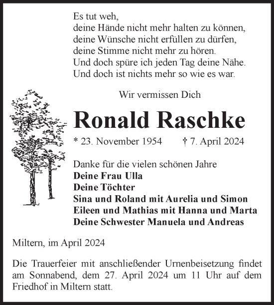 Traueranzeige von Ronald Raschke von Volksstimme Altmark Ost