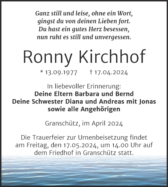Traueranzeige von Ronny Kirchhof von Trauerkombi Weißenfels