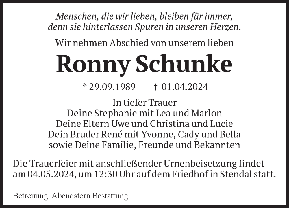  Traueranzeige für Ronny Schunke vom 20.04.2024 aus Volksstimme Altmark Ost