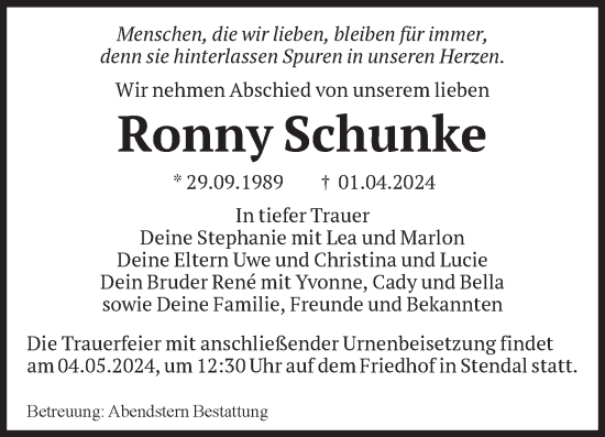 Traueranzeige von Ronny Schunke von Volksstimme Altmark Ost