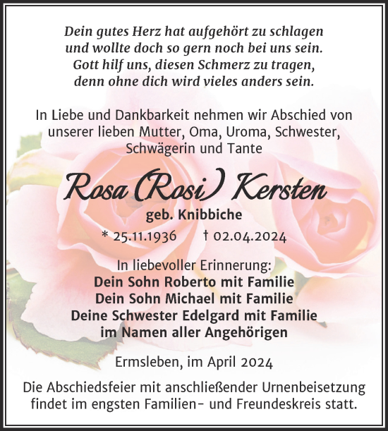 Traueranzeige von Rosa Kersten von Trauerkombi Quedlinburg