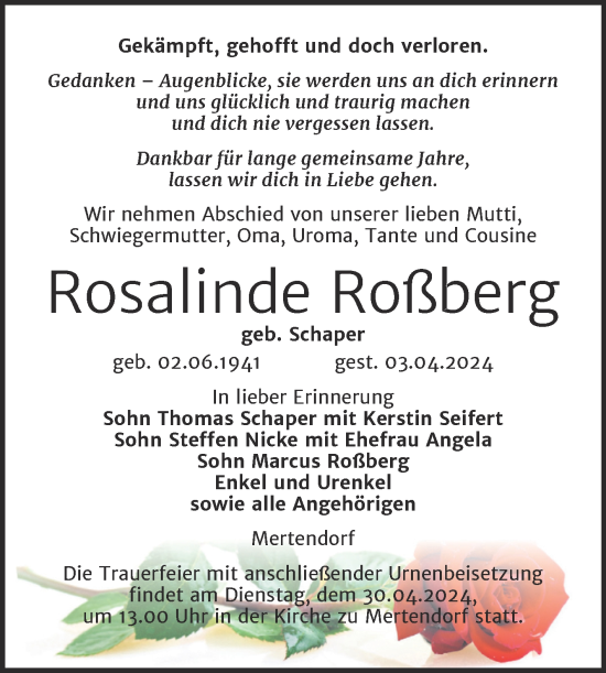 Traueranzeige von Rosalinde Roßberg von Naumburger Tageblatt
