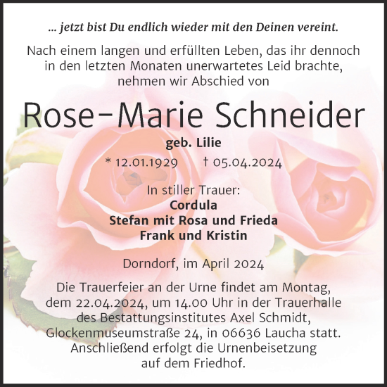 Traueranzeige von Rose-Marie Schneider von Super Sonntag Naumburg/Nebra