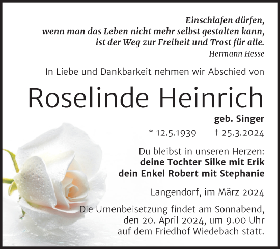 Traueranzeige von Roselinde Heinrich von Trauerkombi Weißenfels
