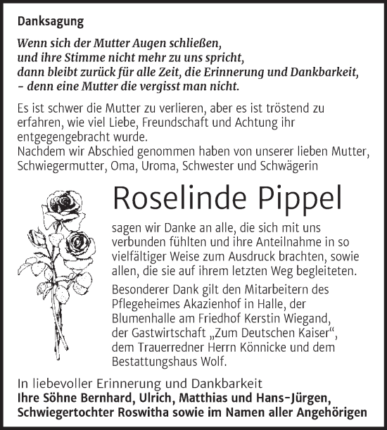 Traueranzeige von Roselinde Pippel von Trauerkombi Weißenfels