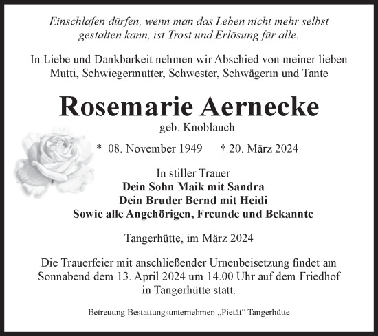 Traueranzeige von Rosemarie Aernecke von Volksstimme Altmark Ost