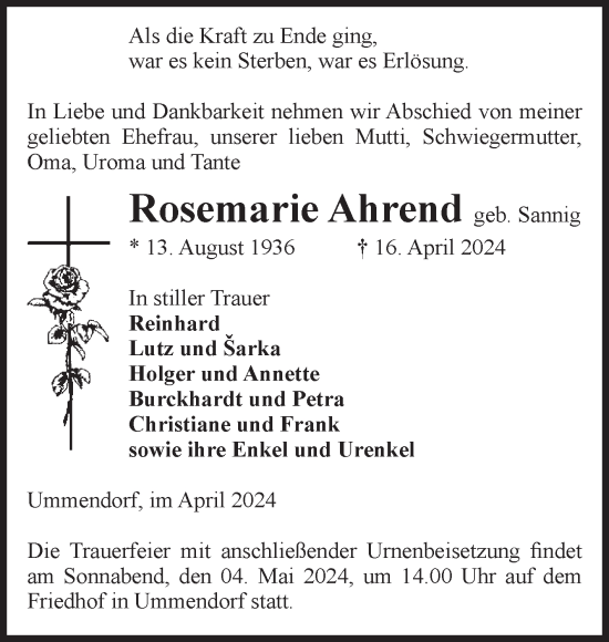 Traueranzeige von Rosemarie Ahrend von Volksstimme Oschersleben/Wanzleben