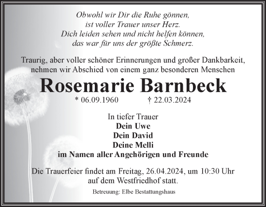 Traueranzeige von Rosemarie Barnbeck von Volksstimme Magdeburg