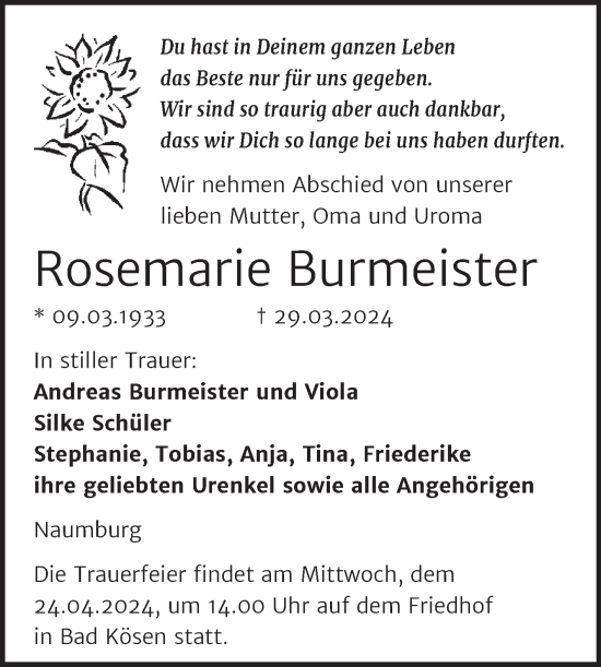 Traueranzeige von Rosemarie Burmeister von Naumburger Tageblatt