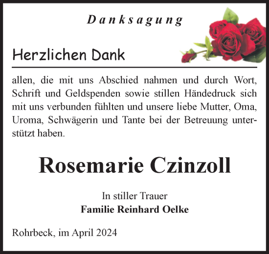 Traueranzeige von Rosemarie Czinzoll von Volksstimme Altmark Ost