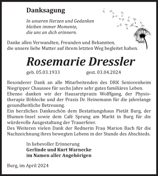 Traueranzeige von Rosemarie Dressler 