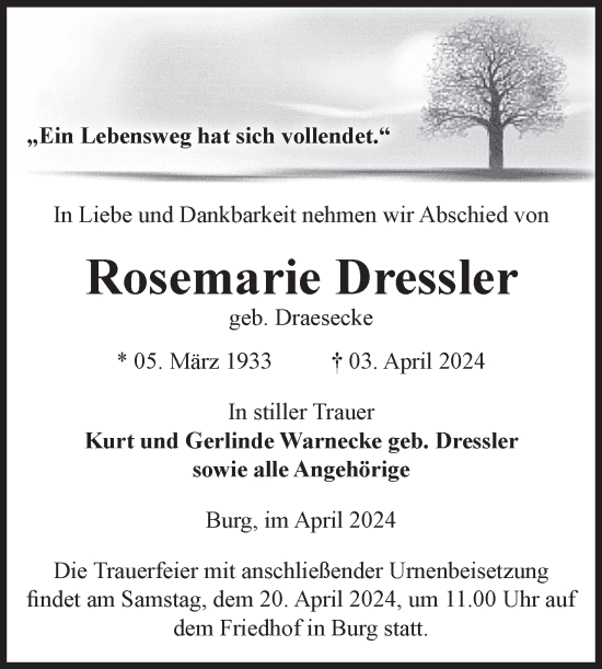 Traueranzeige von Rosemarie Dressler 