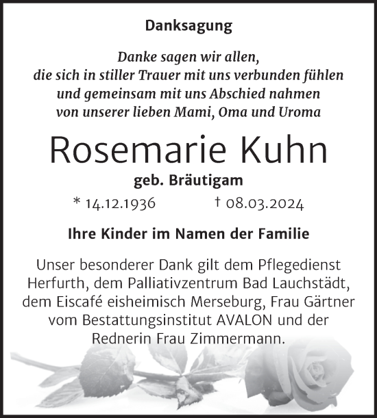 Traueranzeige von Rosemarie Kuhn von Trauerkombi Merseburg