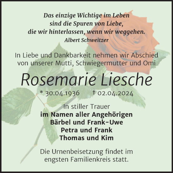 Traueranzeige von Rosemarie Liesche von Trauerkombi Dessau
