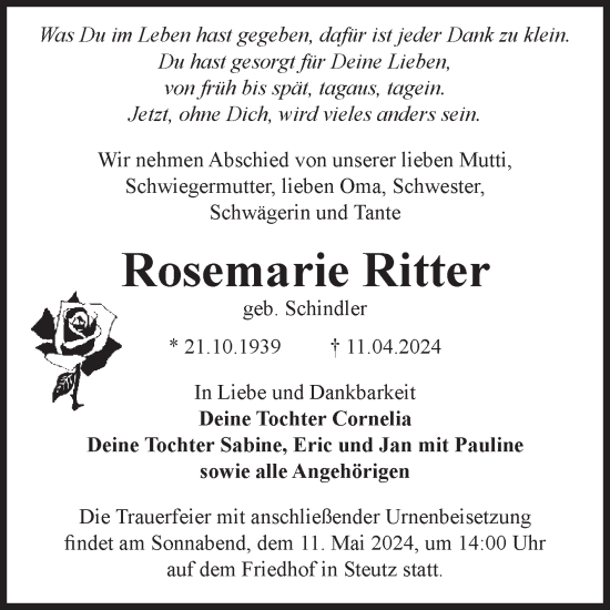 Traueranzeige von Rosemarie Ritter von Volksstimme Zerbst