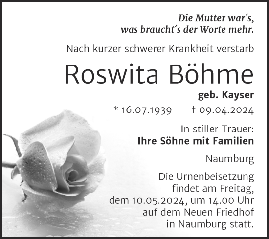 Traueranzeige von Roswita Böhme von Super Sonntag Naumburg/Nebra