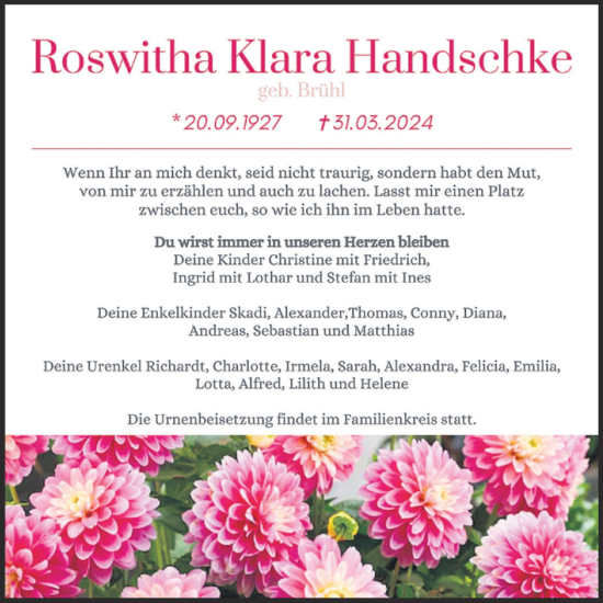 Traueranzeige von Roswitha Klara Handschke von Mitteldeutsche Zeitung Halle/Saalkreis