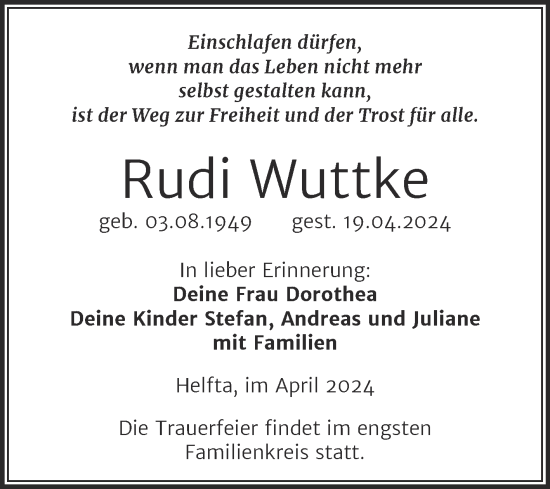 Traueranzeige von Rudi Wuttke von Trauerkombi Mansfelder Land