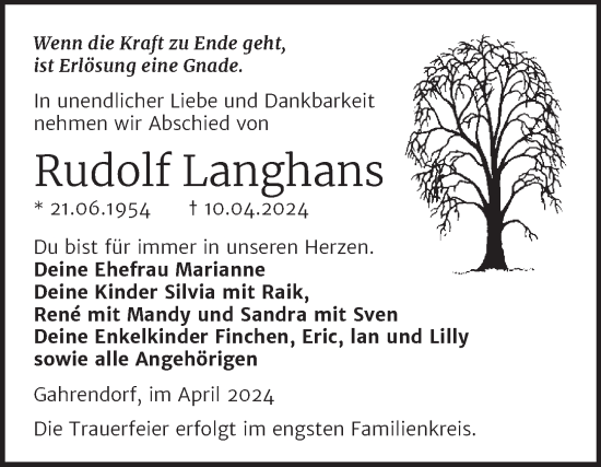 Traueranzeige von Rudolf Langhans von Trauerkombi Köthen