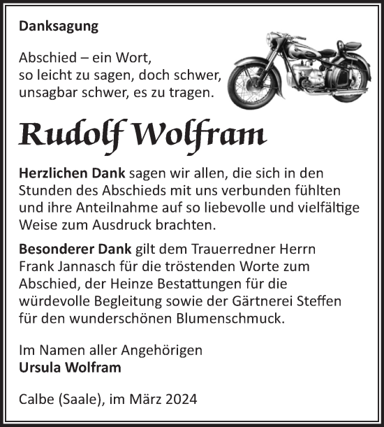 Traueranzeige von Rudolf Wolfram von Volksstimme Schönebeck
