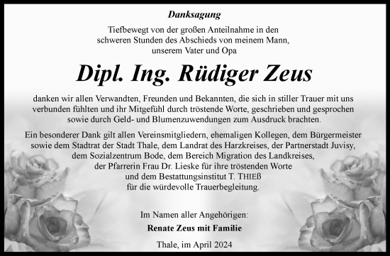 Traueranzeige von Rüdiger Zeus von Trauerkombi Quedlinburg