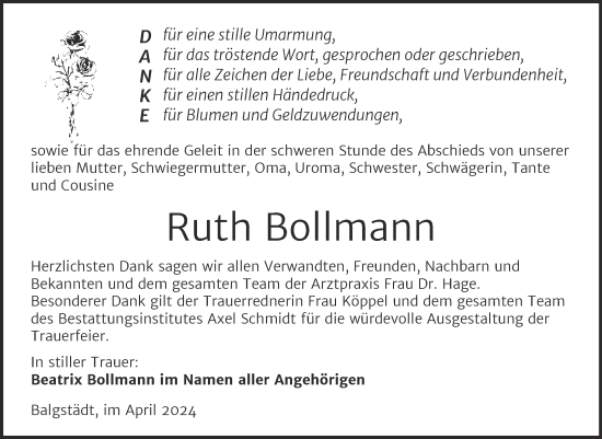 Traueranzeige von Ruth Bollmann von Naumburger Tageblatt