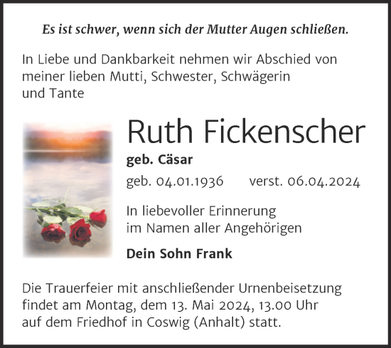 Traueranzeige von Ruth Fickenscher von Trauerkombi Wittenberg