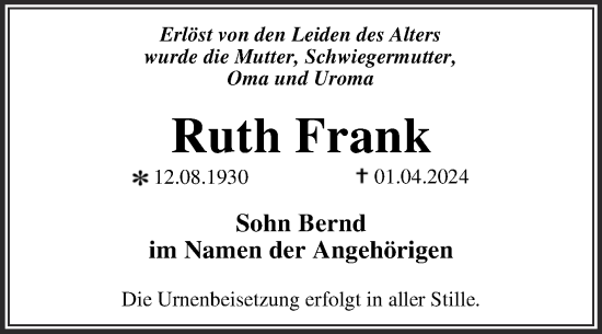 Traueranzeige von Ruth Frank von Trauerkombi Dessau