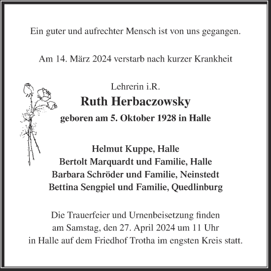 Traueranzeige von Ruth Herbaczowsky von Mitteldeutsche Zeitung Halle/Saalkreis