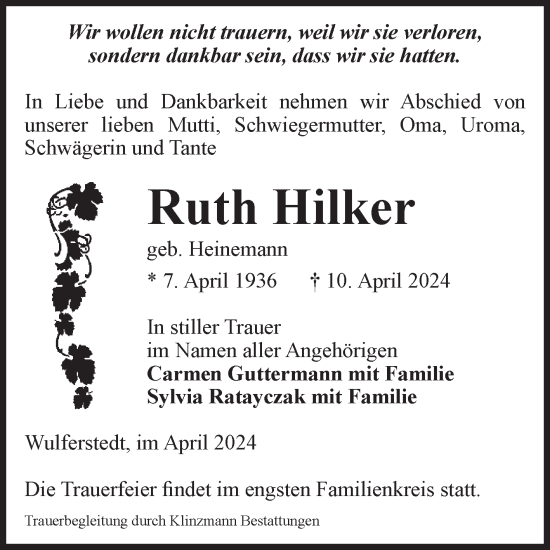 Traueranzeige von Ruth Hilker von Volksstimme Oschersleben/Wanzleben