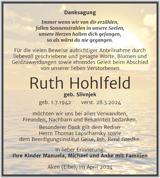 Traueranzeige von Ruth Hohlfeld von Trauerkombi Köthen