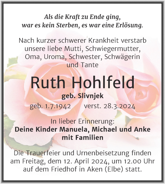 Traueranzeige von Ruth Hohlfeld von Mitteldeutsche Zeitung Köthen