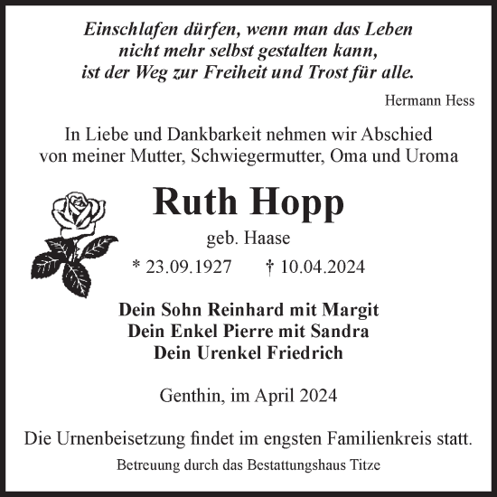 Traueranzeige von Ruth Hopp von Volksstimme Burg/Genthin