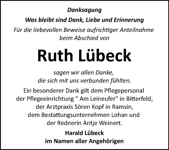 Traueranzeige von Ruth Lübeck von Trauerkombi Bitterfeld