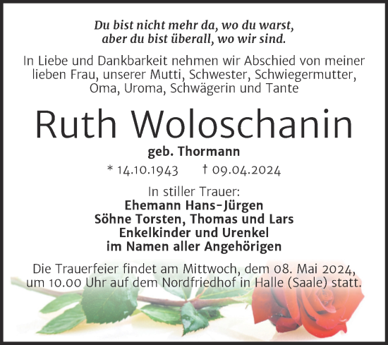 Traueranzeige von Ruth Woloschanin von Mitteldeutsche Zeitung Halle/Saalkreis