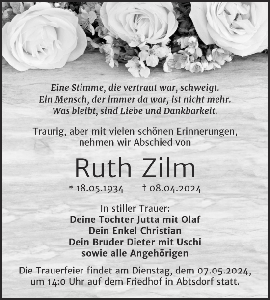 Traueranzeige von Ruth Zilm von Trauerkombi Wittenberg