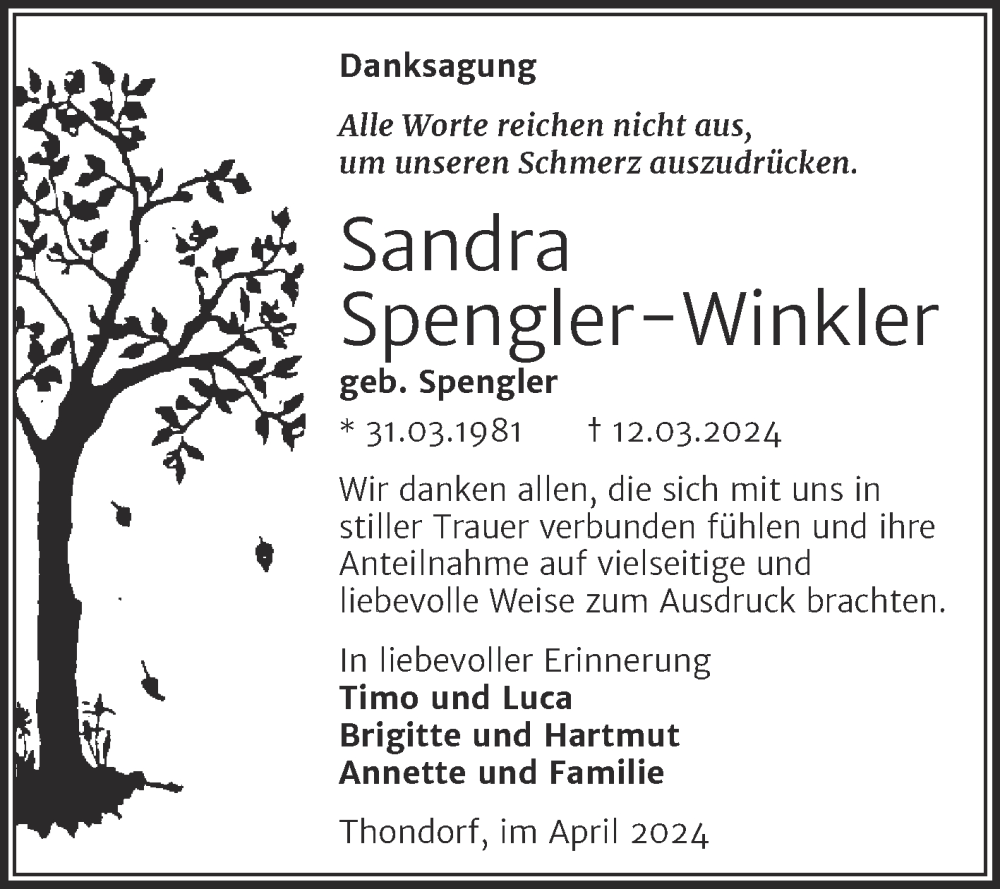  Traueranzeige für Sandra Spengler-Winkler vom 19.04.2024 aus Trauerkombi Mansfelder Land